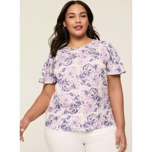 Lane Bryant Purple Floral Short Sleeve Flutter Sleeve Blouse Top Plus Size 18/20